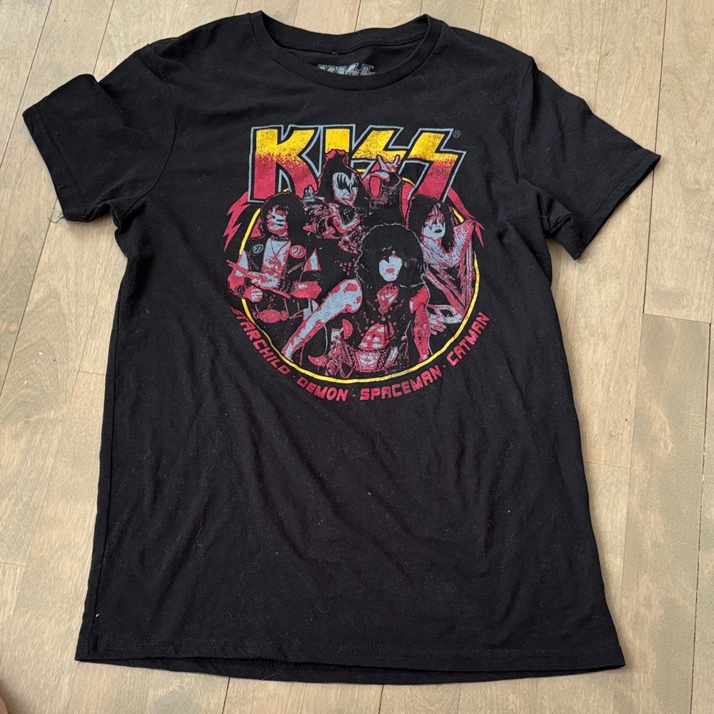 Kiss Black Graphic Tee with Red and Yellow Band Art